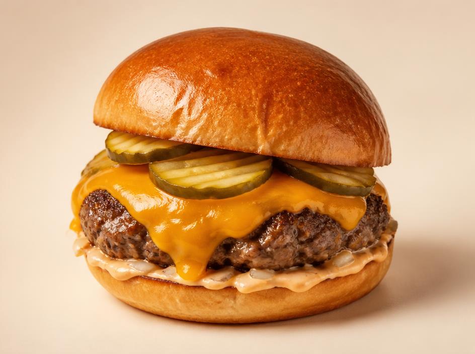 Cheese Burger — Beef patty, cheddar, pickles, house sauce