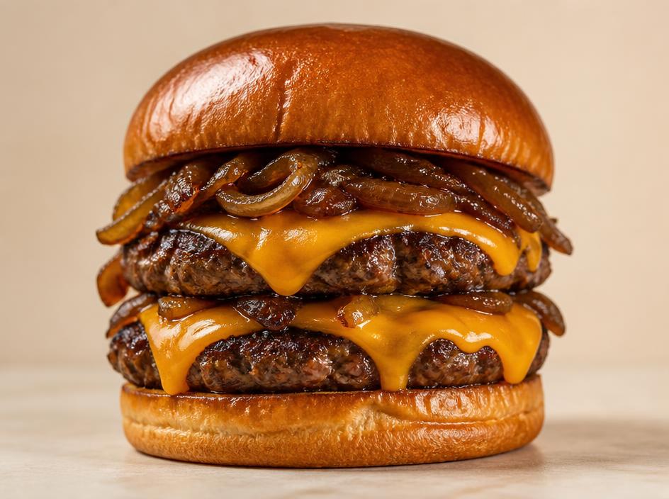 Double Cheese Burger — Two patties, double cheddar, caramelized onions